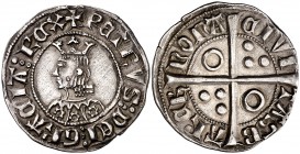 Pere III (1336-1387). Barcelona. Croat. (Cru.V.S. 402) (Badia 224, mismo ejemplar) (Cru.C.G. 2220b). 3,18 g. Flores de seis pétalos en el vestido. Let...