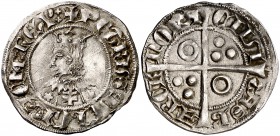 Pere III (1336-1387). Barcelona. Croat. (Cru.V.S. falta) (Badia falta) (Cru.C.G. falta). 3,17 g. Flores de cinco pétalos y cruz sobre T en el vestido....