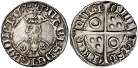 Pere III (1336-1387). Barcelona. Croat. (Cru.V.S. 409.1 var) (Badia falta) (Cru.C.G. 2225 var). 3,05 g. Flores de seis pétalos y T en el vestido. Letr...