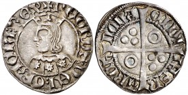 Pere III (1336-1387). Barcelona. Croat. (Cru.V.S. 415) (Badia 268, mismo ejemplar) (Cru.C.G. 2221). 3,20 g. Flores de siete pétalos en el vestido. Let...