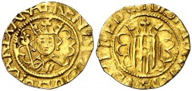 Reiner d'Anjou (1466-1472). Barcelona. Quarterola de pacífic. (Cru.V.S. 927.2) (Cru.C.G. 3050b). 0,75 g. Atractiva. Rara. MBC+.