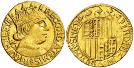 Ferran I de Nàpols (1458-1494). Nàpols. Ducat. (Cru.V.S. 997) (Cru.C.G. 3404) (MIR. 64/6). 3,47 g. Atractiva. Ex Áureo 30/06/1992, nº 153. Rara. EBC-....