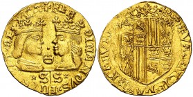 Ferran II (1479-1516). València. Ducat. (Cru.V.S. 1199) (Cru.C.G. 3115a falta var) (Cal. 164). 3,51 g. Armas intercambiadas en 3er cuartel. Bella. Bri...
