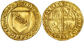 Juan II (1406-1454). Sevilla. Dobla de la banda. (AB. 617.2) (M.R. 16.9, mismo ejemplar la considera "única conocida"). 4,58 g. La leyenda del reverso...