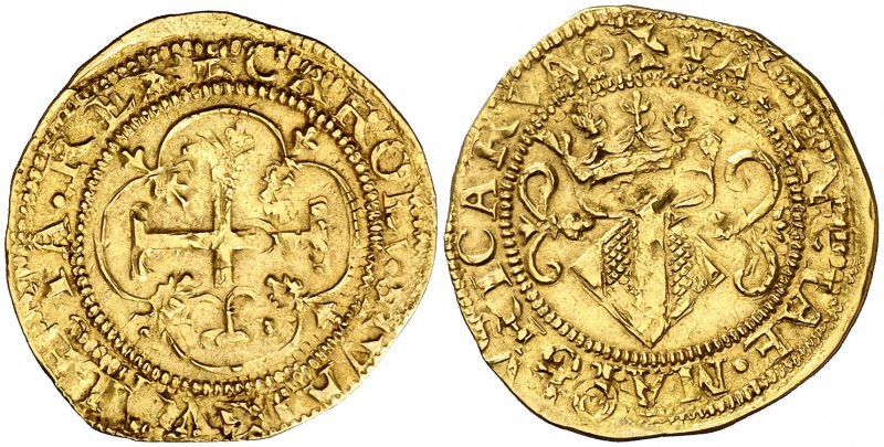 s/d. Carlos I. Valencia. 1 corona. (Cal. 21) (Cru.C.G. 4144a). 3,25 g. Ligera do...