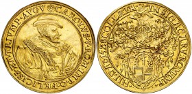 1528. Carlos I. Hildesheim. 5 goldgulden (5 florines de oro). (Fr. 1310) (Kr. M1.1). 15,07 g. Bella. Comprada por Xavier Calicó en trato privado en 19...
