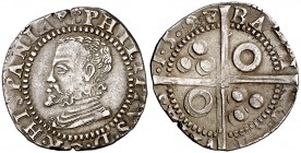 1598. Felipe II. Barcelona. 1 croat. (Cal. 608) (Cru.C.G. 4246). 3,28 g. Leves defectos de cospel, pero ejemplar muy atractivo. Rara así. (MBC+).