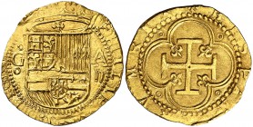 s/d. Felipe II. Granada. A. 2 escudos. (Cal. 40, mismo ejemplar) (Tauler falta). 6,78 g. Bella. Brillo original. Comprada a Schulman en trato privado ...