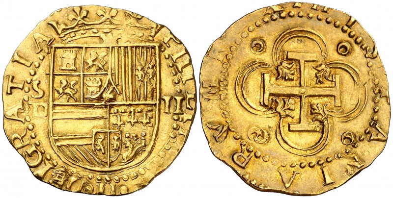 s/d. Felipe II. Sevilla. . 2 escudos. (Cal. 60) (Tauler 30). 6,73 g. Bella. Prec...