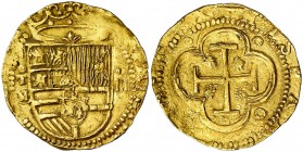s/d. Felipe II. Toledo. . 2 escudos. (Cal. 90 var) (Tauler 61a, mismo ejemplar). 6,73 g. Faltan las armas nuevas de la Borgoña y el león de Brabante. ...