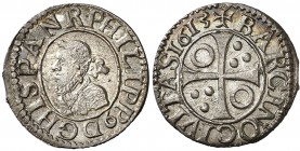 1613. Felipe III. Barcelona. 1/2 croat. (Cal. 537) (Cru.C.G. 4342g). 1,67 g. Muy bella. Brillo original. Ex Colección Isabel de Trastámara 15/12/2016,...