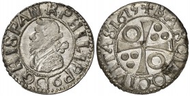 1615. Felipe III. Barcelona. 1/2 croat. (Cal. falta) (Badia falta) (Cru.C.G. 4342j). 1,30 g. Ex Áureo & Calicó Selección 2011, nº 121. Muy rara y más ...