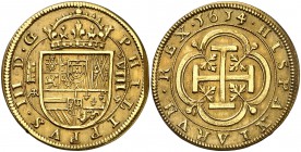 1614. Felipe III. Segovia. . 8 escudos. (Cal. 5) (Cal.Onza 3, mismo ejemplar) (Carles Tolrà 1172, mismo ejemplar) (V.Q. no tenía ninguna onza de este ...