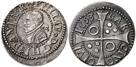 1653. Felipe IV. Barcelona. 1 croat. (Cal. 982) (Cru.C.G. 4414). 2,99 g. La última P del nombre del rey rectificada sobre otra. Bella. Escasa así. EBC...