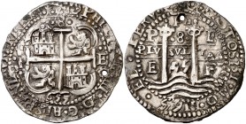 1655. Felipe IV. Potosí. E. 8 reales. (Cal. 411a) (Lázaro falta). 27,60 g. Redonda. Tipo de presentación real. Triple fecha, la central del reverso 55...