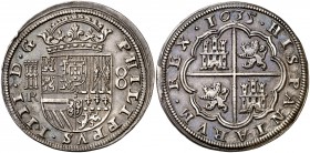 1635. Felipe IV. Segovia. R. 8 reales. (Cal. 574). 26,96 g. Leves golpecitos y exceso de plata en reverso. Preciosa pátina. Rara. EBC-.