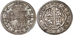 1636. Felipe IV. Segovia. R. 8 reales. (Cal. 578). 27,29 g. Hojita en reverso. Bella. Ex Áureo 16/03/1993, nº 370. Rara. EBC.