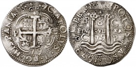 1679. Carlos II. Potosí. C. 8 reales. (Cal. 315, mismo ejemplar) (Lázaro 199). 27,14 g. Redonda. Tipo de presentación real. Triple fecha. Perforación,...