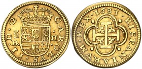 1683. Carlos II. Segovia. . 2 escudos. (Cal. 163). 6,76 g. Bella. Precioso color. Comprada por Xavier Calicó en trato privado en 1969. Ex Colección Go...