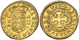 1700. Carlos II. Sevilla. M. 2 escudos. (Cal. 170, mismo ejemplar). 6,69 g. Leones y castillos. Muy bella. Brillo original. Ex Bank Leu 24/10/1973, nº...