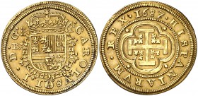 1687/3. Carlos II. Segovia. . 4 escudos. (Cal. 112 var) (Mismos cuños de anverso y reverso que el ejemplar de la Colección Caballero de las Yndias, nº...