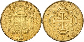 1699. Carlos II. Sevilla. M. 8 escudos. (Cal. 82) (Cal.Onza 201). 27 g. Punto bajo el primer 9 de la fecha. Leves marquitas. Preciosa pátina. Bella. C...