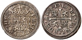1719. Felipe V. Cuenca. JJ. 1/2 real. (Cal. 1733). 1,38 g. Bella. Escasa así. EBC+.