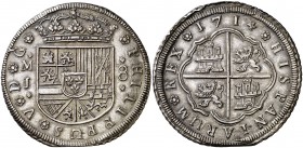 1714. Felipe V. Madrid. J. 8 reales. (Cal. 690). 27,09 g. Leves rayitas. Preciosa pátina. Extraordinario ejemplar. Muy rara y más así. S/C-.