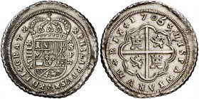 1705/4. Felipe V. Sevilla. P. 8 reales. (Cal. 923). 27,11 g. Ejemplar extraordinario para el tipo. Muy bella. Muy rara y más así. EBC+.