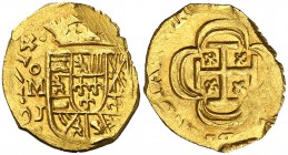 1714. Felipe V. México. J. 1 escudo. (Cal. 510). 3,32 g. Reverso del quinto tipo. Procedente del Tesoro de la Florida. Bella. Brillo original. Ex Schu...