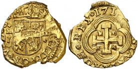 1713. Felipe V. Madrid. J. 2 escudos. (Cal. 322, mismo ejemplar). 6,75 g. Acuñación macuquina. Tipo "cruz". Cospel ligeramente irregular. Muy bella. B...