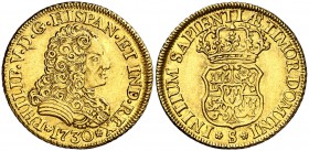 1730. Felipe V. Sevilla. 2 escudos. (Cal. 421). 6,72 g. Primer año de busto. Bella. Parte de brillo original. Rara y más así. EBC+.