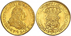 1742. Felipe V. Sevilla. PJ. 2 escudos. (Cal. 432). 6,73 g. Insignificantes rayitas en reverso. Muy bella. Precioso color. Ex Áureo & Calicó 07/11/200...