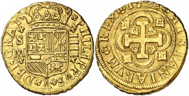 1701. Felipe V. Sevilla. M. 4 escudos. (Cal. 262). 13,42 g. Tipo "cruz". Ceca, valor IIII y ensayador en anverso. Sin el escusón de los Borbones. Bell...
