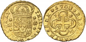 1703/2. Felipe V. Sevilla. J. 4 escudos. (Cal. 265). 13,45 g. Tipo "cruz". J-S/4-4. Bella. Brillo original. Comprada por Xavier Calicó en trato privad...