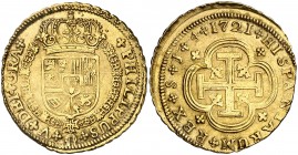 1721. Felipe V. Sevilla. J. 4 escudos. (Cal. 282). 13,47 g. Tipo "cruz". Comprada por Xavier Calicó en trato privado en 1968. Ex Colección Golf. Rara....