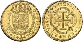 1729. Felipe V. Sevilla. P. 4 escudos. (Cal. 286, mismo ejemplar). 13,44 g. Último año de tipo "cruz". Pequeña zona floja de acuñación, pero muy bella...