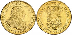 1730. Felipe V. Sevilla. 4 escudos. (Cal. 290). 13,49 g. Bonito color. Parte de brillo original. Ex NAC 18/03/2002, nº 150. Ex Colección Golf. Rara. E...