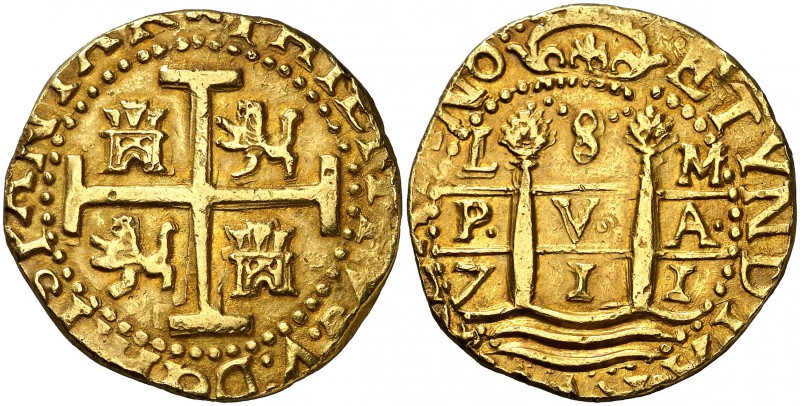1711. Felipe V. Lima. M. 8 escudos. (Cal. 22) (Cal.Onza 237, mismo ejemplar). 26...