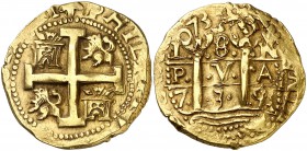 1735/4. Felipe V. Lima. N. 8 escudos. (Cal. 50) (Cal.Onza 307) (Kr. 38.2, indica "rare" sin precio). 27,08 g. L-8-N/P-V-A/7-3-5/4. Doble fecha, la de ...