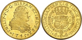 1745. Felipe V. México. MF. 8 escudos. (Cal. 141) (Cal.Onza 443). 26,95 g. Mínimas rayitas. Bella. Brillo original. Rara y más así. EBC+/S/C-.