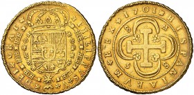 1701. Felipe V. Sevilla. M. 8 escudos. (Cal. 158) (Cal.Onza 465). 26,95 g. Tipo "cruz". 8-M/S-8. Precioso color. Parte de brillo original. Ex Schulman...