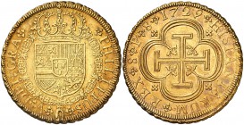 1729. Felipe V. Sevilla. P. 8 escudos. (Cal. 193) (Cal.Onza 525). 27,03 g. Último año de tipo "cruz". Bellísima. Precioso color. Brillo original. Ex V...