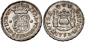 1753. Fernando VI. México. M. 1/2 real. (Cal. 666). 1,68 g. Columnario. Leves rayitas. Muy bella. Ex Áureo 02/06/2004, nº 260. Rara así. EBC+/EBC.