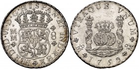 1759. Fernando VI. México. MM. 8 reales. (Cal. 344). 26,80 g. Columnario. Bella. Brillo original. Ejemplar de la futura Edición de Numismática Español...