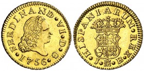 1756. Fernando VI. Madrid. JB. 1/2 escudo. (Cal. 253). 1,75 g. Bella. Brillo original. Escasa así. S/C-.