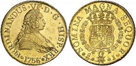 1756/5. Fernando VI. Santiago. J. 8 escudos. (Cal. 78) (Cal.Onza 650). 26,98 g. Bellísima. Brillo original. Rara así. EBC+/S/C-.