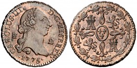 1775/4. Carlos III. Segovia. 2 maravedís. (Cal. 1917 var). 2,45 g. Bella. Brillo original. Rara así. S/C.
