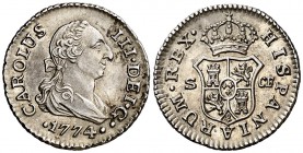 1774. Carlos III. Sevilla. CF. 1/2 real. (Cal. 1855). 1,47 g. Bella. Escasa así. EBC+.