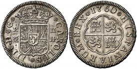 1760. Carlos III. Madrid. JP. 2 reales. (Cal. 1290). 6 g. Bella. Ex Áureo 02/06/2004, nº 278. Rara así. EBC.